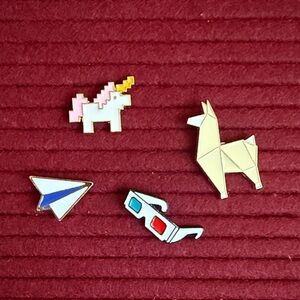 New- Set of Fun Enamel Pins llama, unicorn, 3D glasses, paper airplane